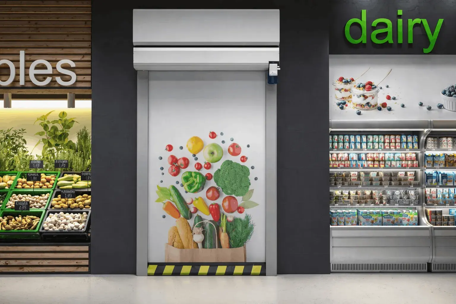 Puerta rápida autorreparable con cortina cortafuego EI120 cerrada