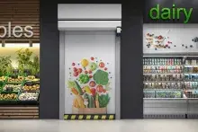 Puerta rápida autorreparable con cortina cortafuego EI120 cerrada
