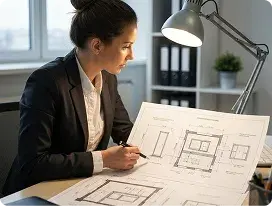 Professional reviewing technical drawings of an automatic door system in an office environment.