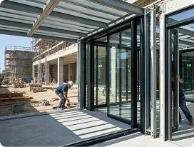 Technician installing an automatic sliding door system on a construction site.