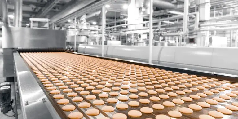 Esteira transportadora em uma fábrica de alimentos com fileiras de biscoitos recém-assados em um ambiente industrial automatizado.